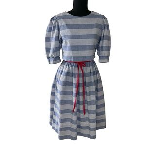 Vintage 1970s Blue and White Striped Overlay Dress by Lanz Originals- Size 7/8